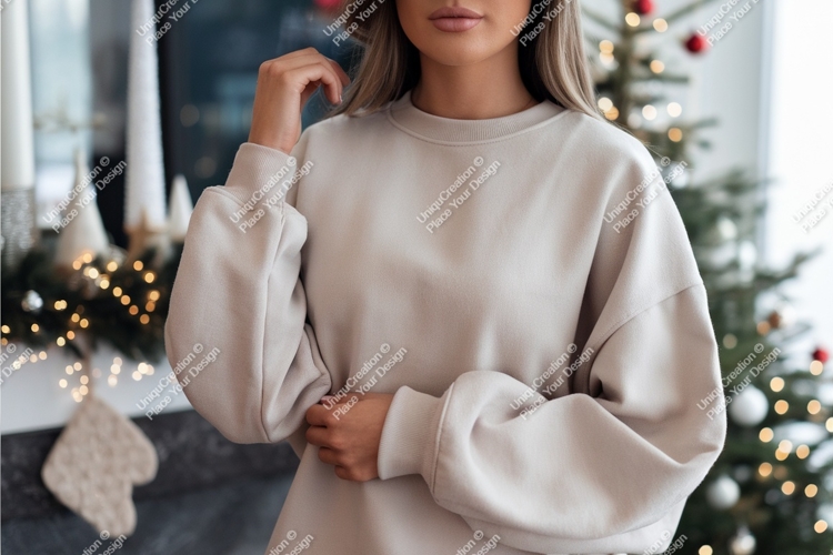Woman in beige sweatshirt mockup
