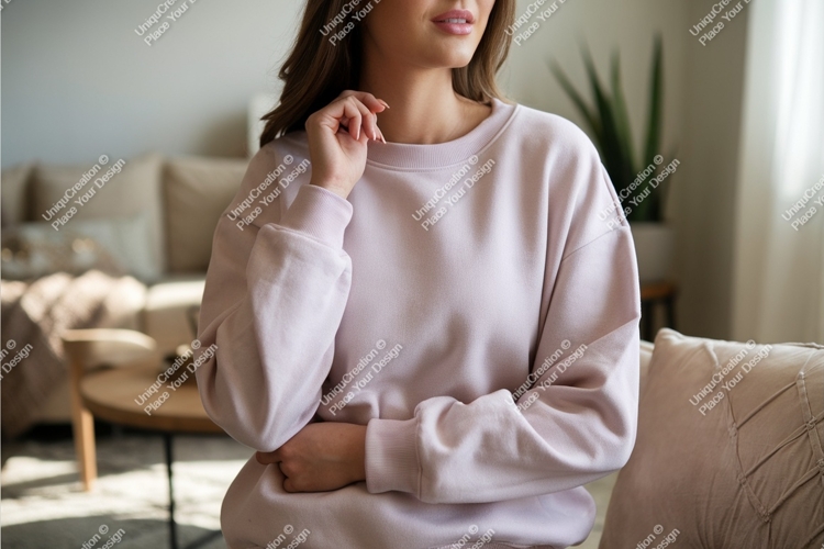 Woman in pink sweatshirt indoors mockup
