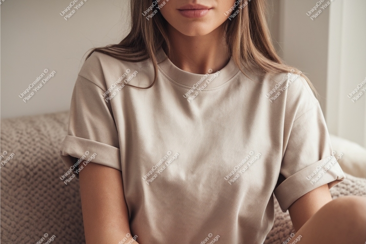 Woman in beige tshirt mockup