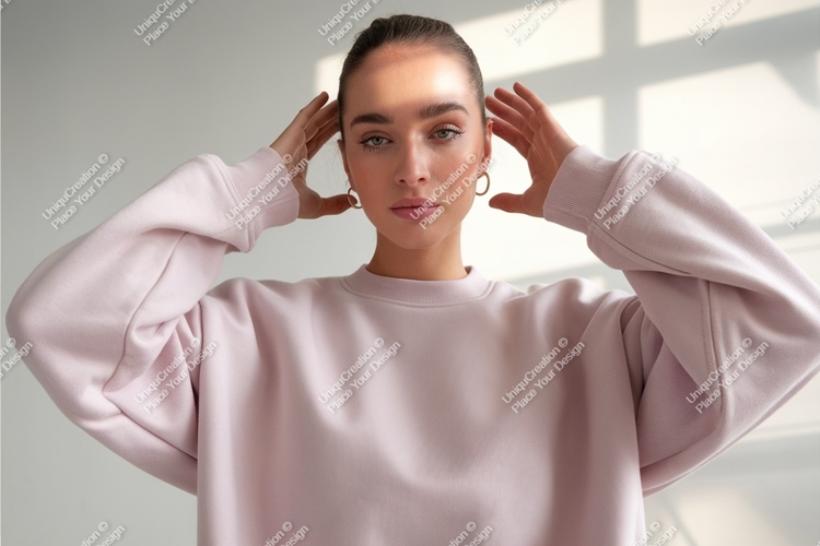 Woman in pink sweatshirt mockup
