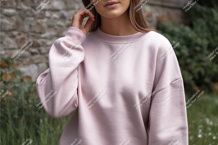 Woman in pink sweatshirt outdoors mockup