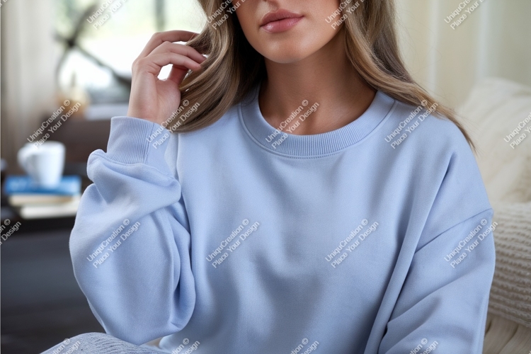 Woman in blue sweatshirt mockup