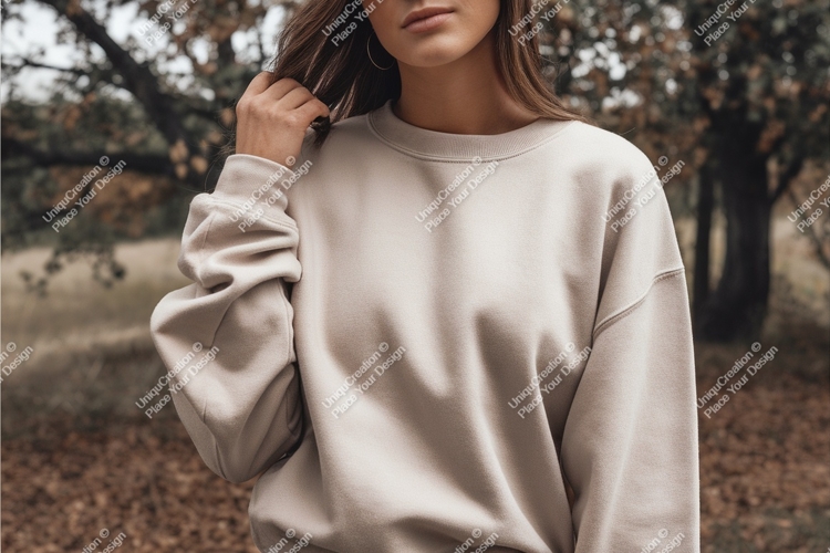 Woman in beige sweatshirt mockup