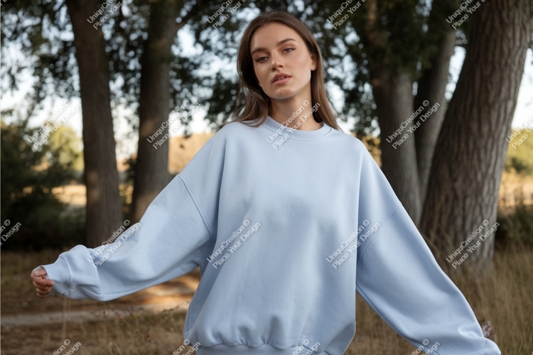 Woman in blue sweatshirt mockup