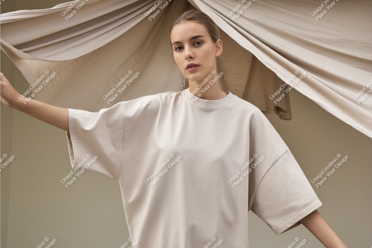 Woman in beige oversized tshirt mockup
