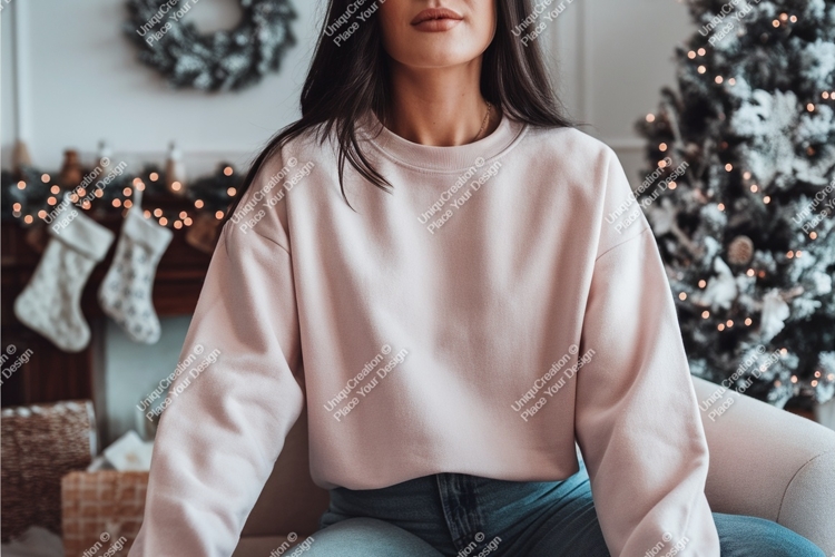 Brunette woman near christmas tree mockup