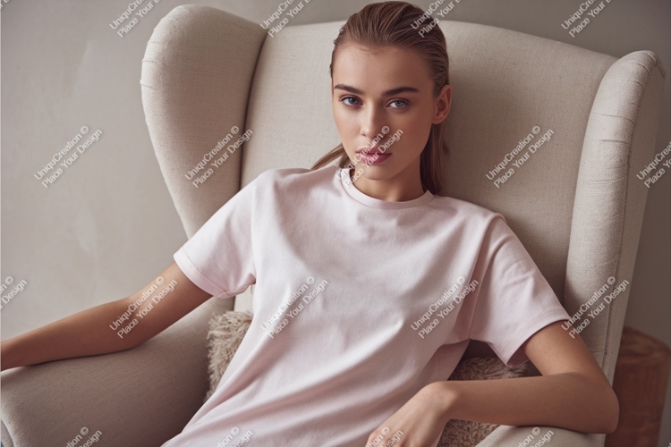 Woman in pink tshirt in chair mockup