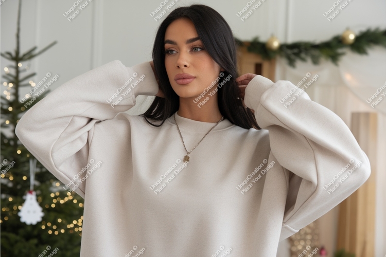Woman in beige sweatshirt near tree mockup