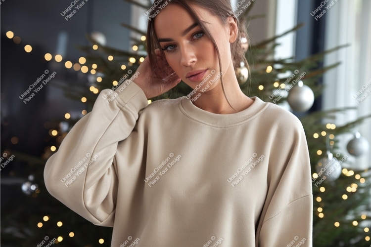 Woman in beige sweatshirt by tree mockup