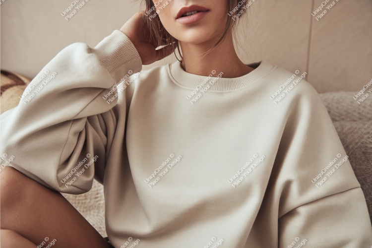 Woman in beige sweatshirt mockup