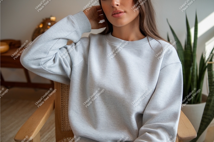 Woman in gray sweatshirt mockup