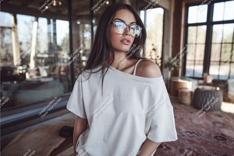 Woman in glasses looking away mockup