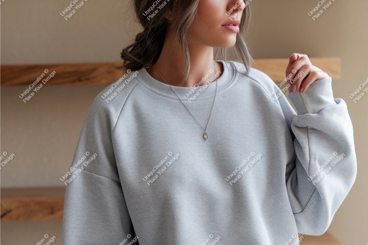 Format: Title: Woman wearing grey sweatshirt with necklace