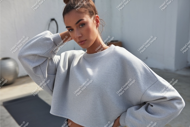 Woman wearing grey sweatshirt mockup fashion