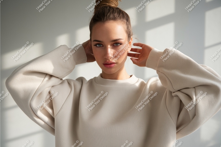 Woman wearing cream sweatshirt mockup fashion