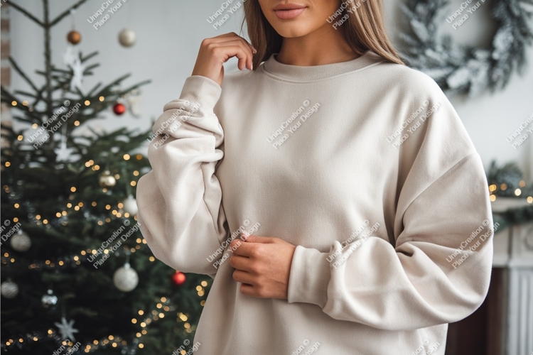 Format: Title: Woman wearing cream sweatshirt near Christmas
