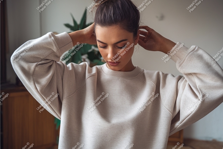 Woman wearing beige sweatshirt casual