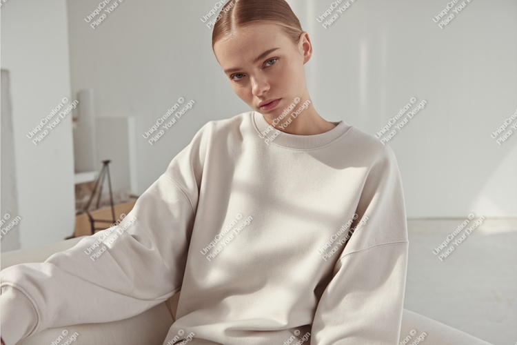 Woman wearing cream sweatshirt casual fashion