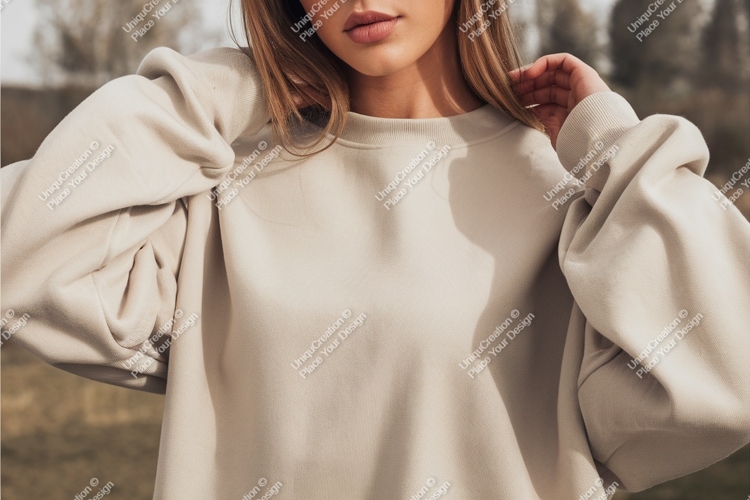 Woman wearing beige sweatshirt mockup