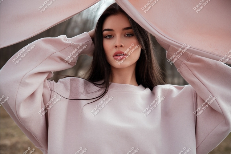 Woman wearing pink sweatshirt outdoors