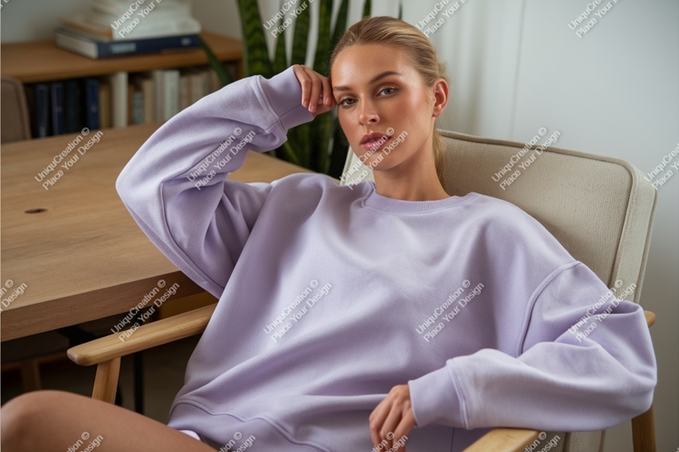 Woman wearing lavender sweatshirt seated chair