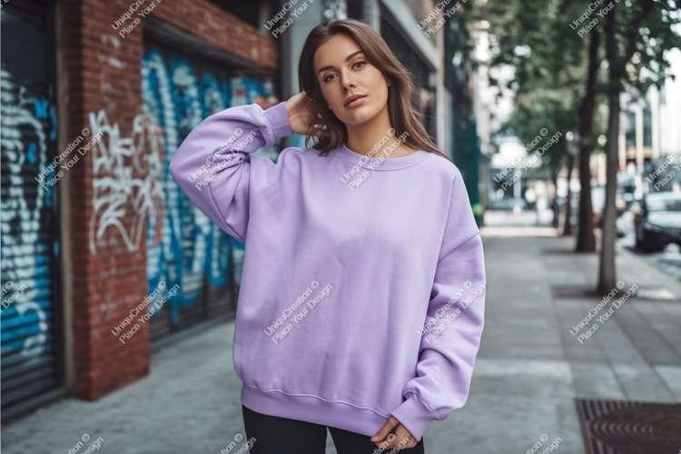 Young woman wearing lavender sweatshirt outdoors street