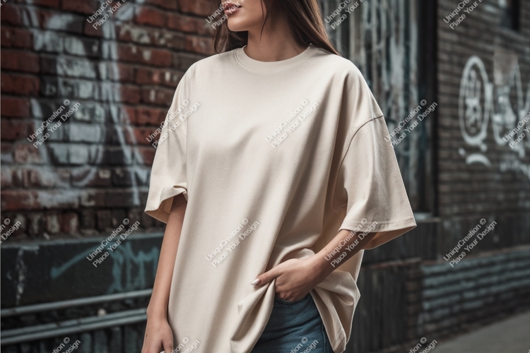 Beige t shirt mockup urban brick wall image example image 1