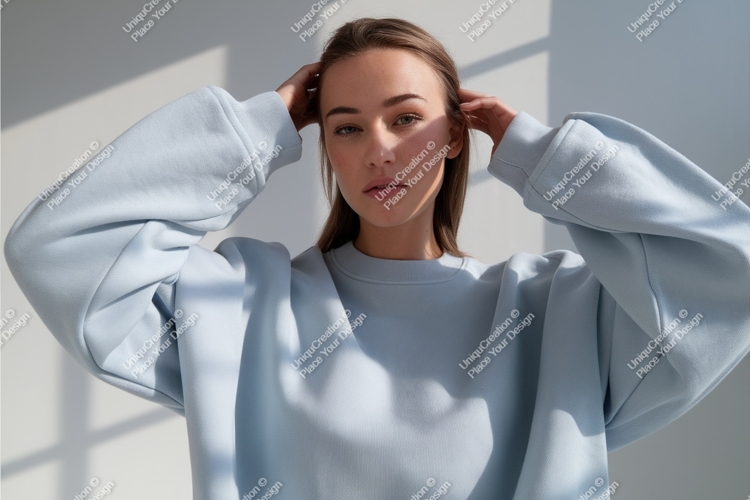 Woman wearing light blue sweatshirt casual