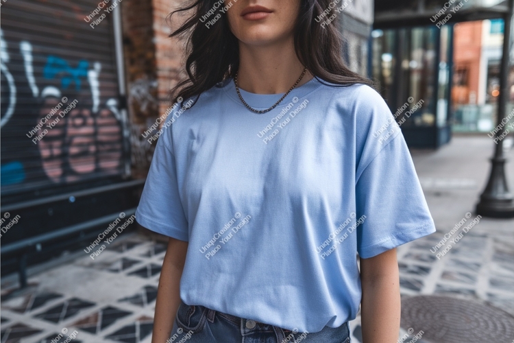Light blue t shirt mockup with urban background image