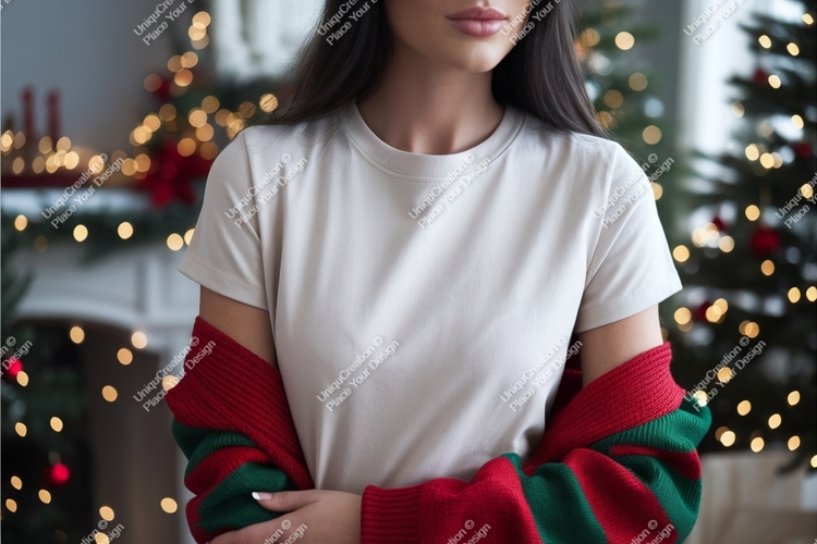 Woman wearing plain t shirt with festive background