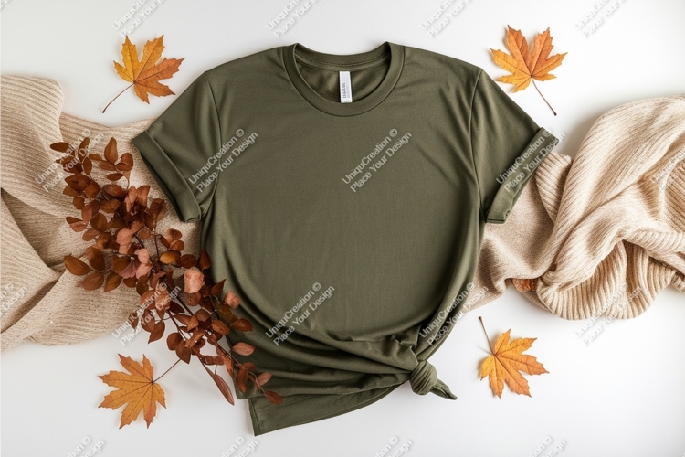 Olive green tshirt with leaves mockup