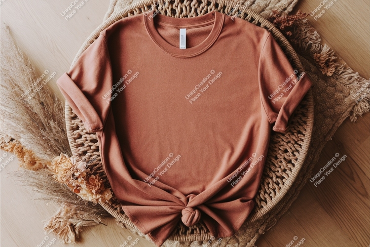 Brown tshirt on woven basket mockup