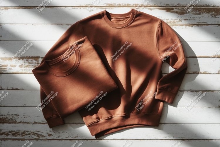 Two brown sweatshirts on wood mockup