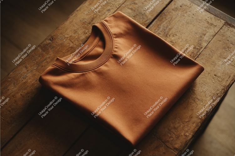 Folded brown tshirt on wood mockup