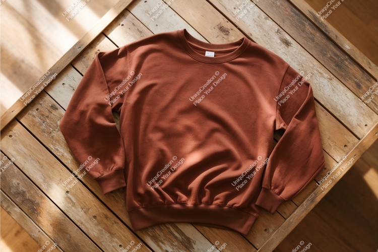 Brown sweatshirt flat lay on wood mockup