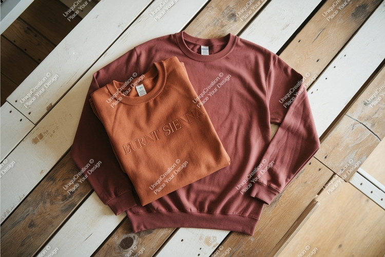 Two brown sweatshirts on wood mockup