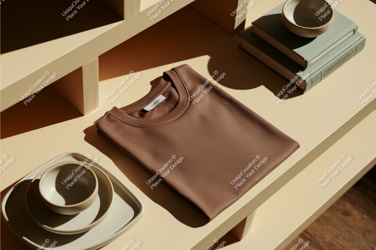 Brown tshirt on shelf mockup