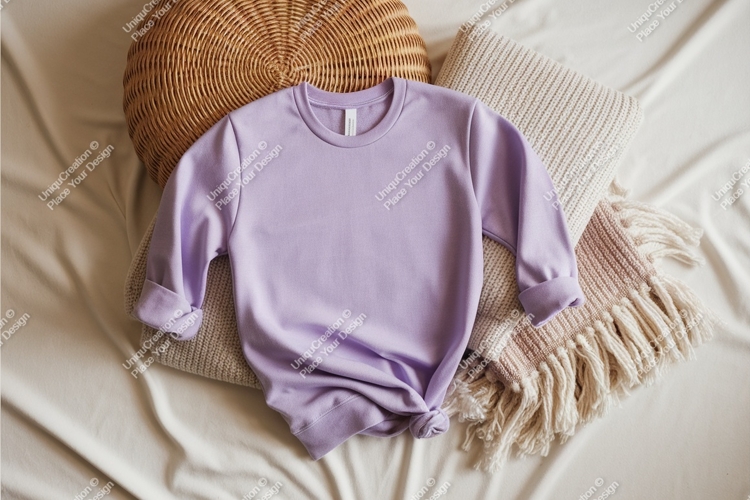 Purple sweatshirt on bed mockup