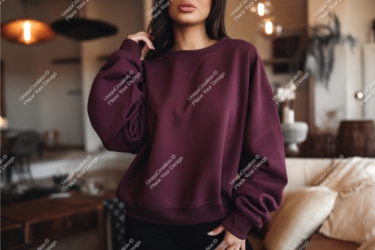 Woman in burgundy sweatshirt mockup