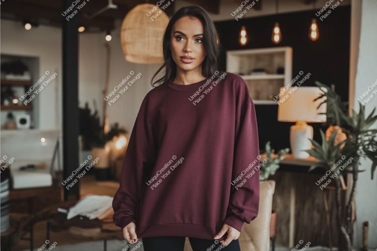Woman in burgundy sweatshirt mockup