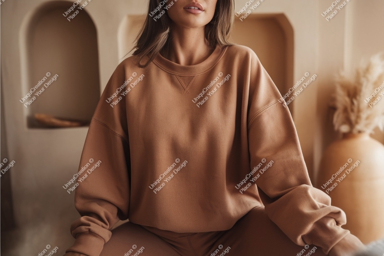 Woman in a brown sweatshirt mockup