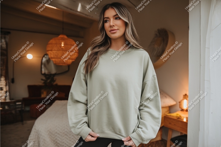 Woman in sweatshirt indoors mockup