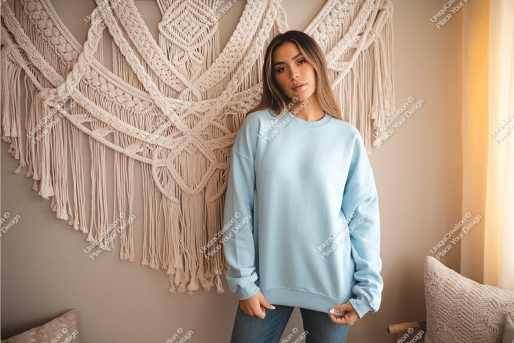 Woman in blue sweatshirt mockup