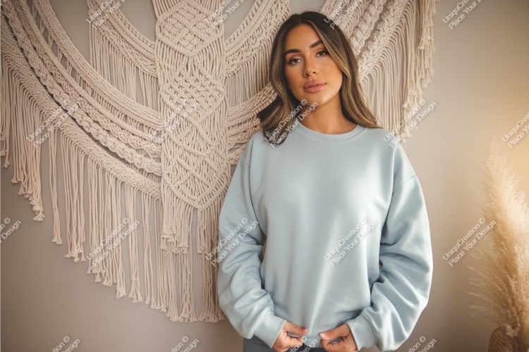 Woman in blue sweatshirt posing mockup