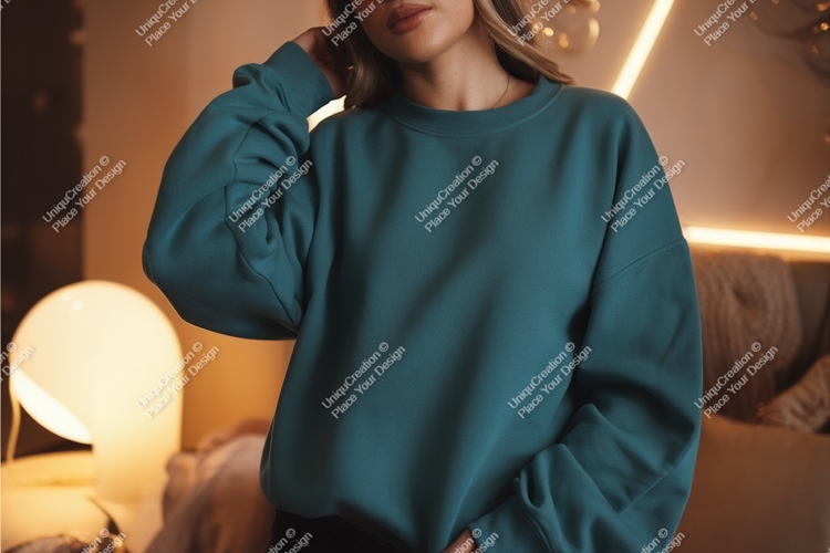 Woman in a teal sweatshirt mockup