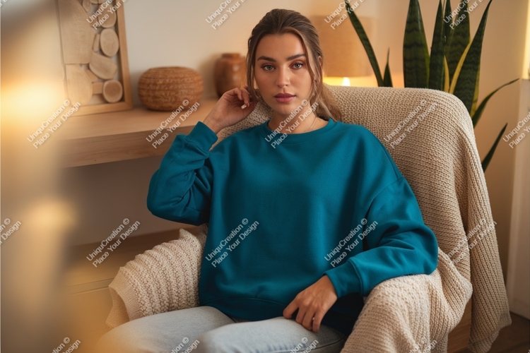 Woman in a sweatshirt sitting mockup