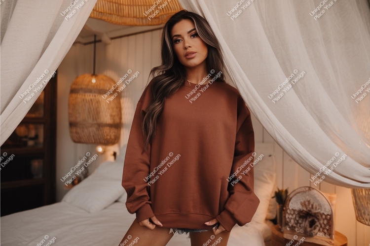 Woman in a sweatshirt in bedroom mockup