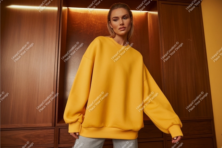 Woman in yellow sweatshirt mockup