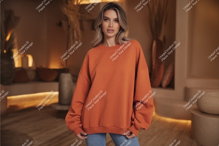 Woman poses in orange sweatshirt mockup