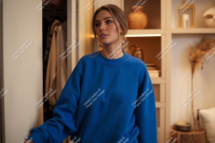 Woman in blue top looking away mockup